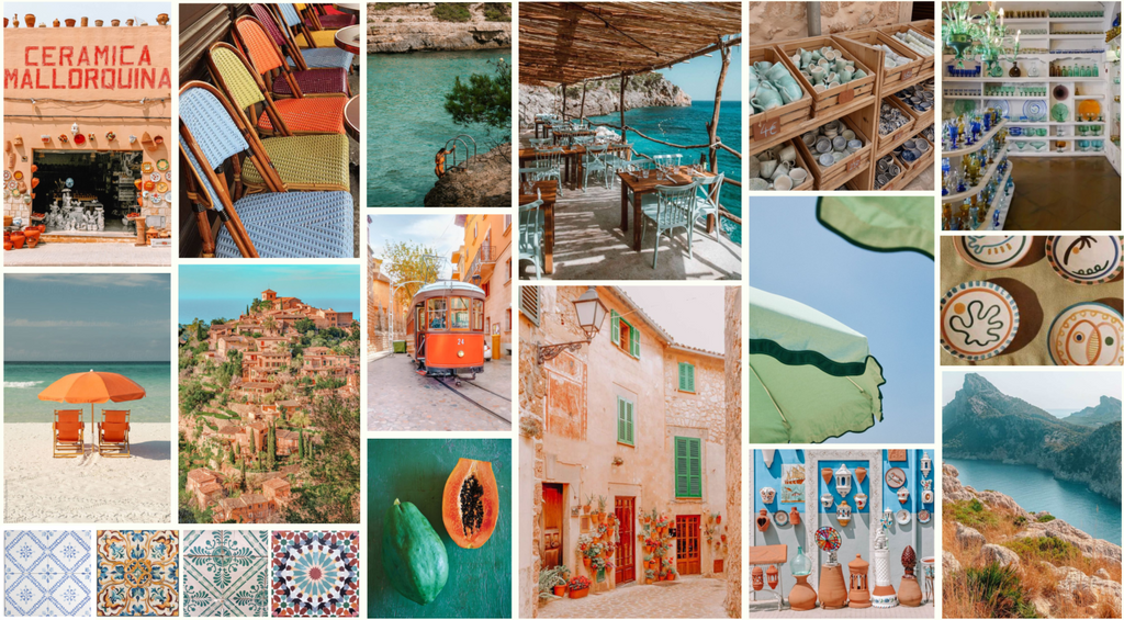 Lost Sol Mallorca mood board: terracotta shopfronts, an orange tram, sandstone villages, patterned tiles, turquoise coves and a woven beach umbrella